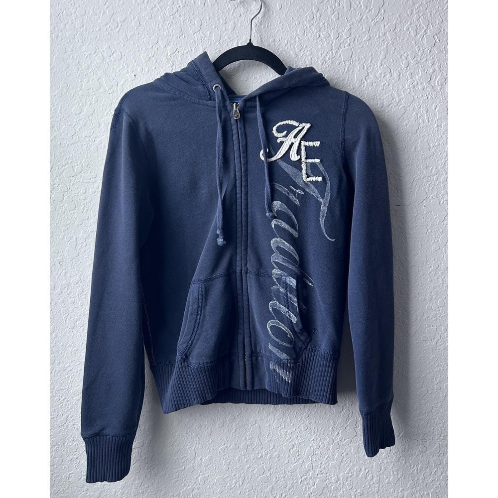Vintage 2000s/ Y2K Woman's American Eagle Navy Full Zip Hoodie Logo (Small)